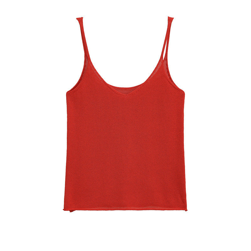 Pure Desire European And American Sexy Style Solid Color Spaghetti Straps Knitted Top