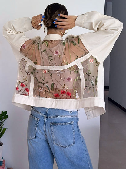 White Denim Cropped Jacket With Floral - Embroidered Sheer Back