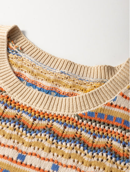 Brown Stripe Eyelet Crochet Round Neck Sweater Vest