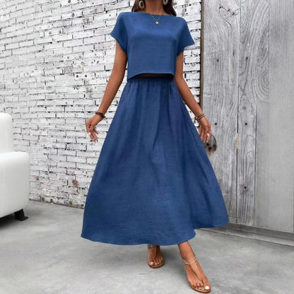 2 Piece Set Women's Solid Color Short Sleeve Top And Casual A- Line Dress Suit - X2-Shopping