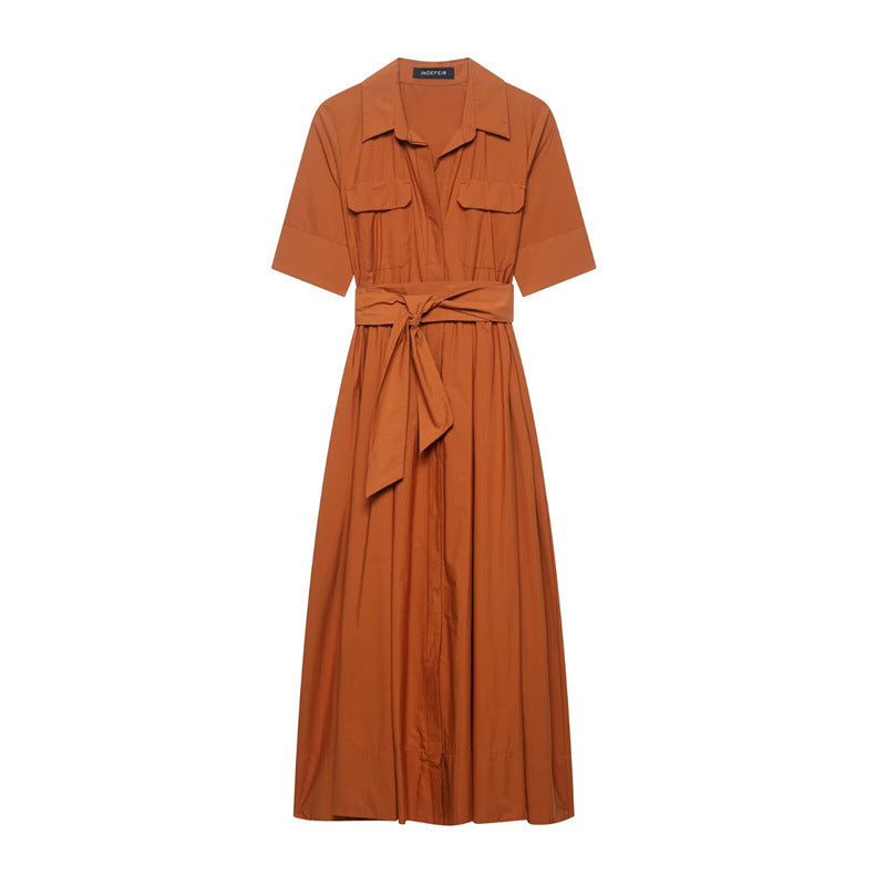 European And American Style Slim Waist Poplin Short Sleeve Dress