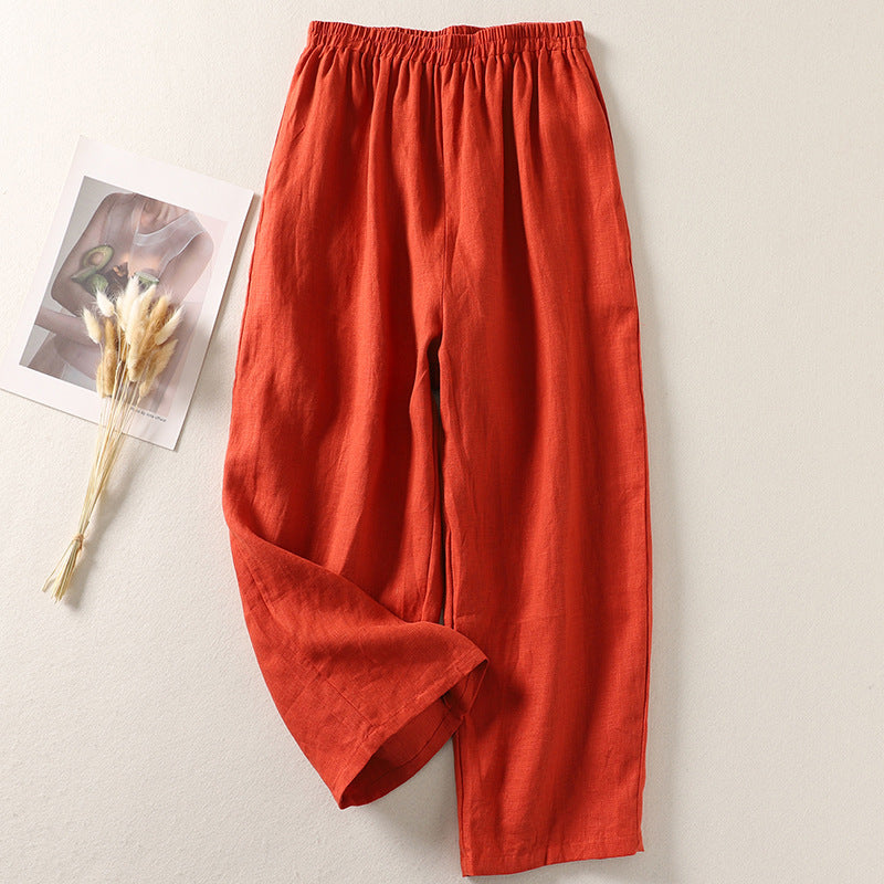 Cotton And Linen Casual Elastic Waist Loose Cropped Pants
