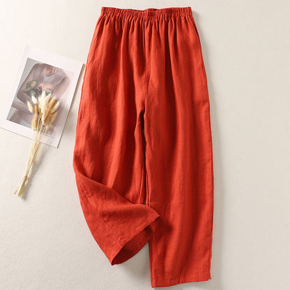 Cotton And Linen Casual Elastic Waist Loose Cropped Pants