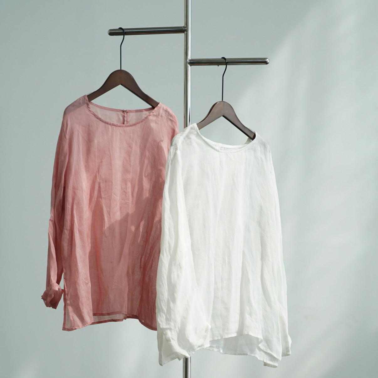 Original Simplicity Round Neck Pullover Clear Ramie Mid-length Shirt