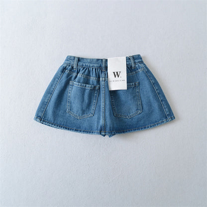 Retro Mid-low Waist Anti-exposure Denim A- Line Bubble Short Skirt
