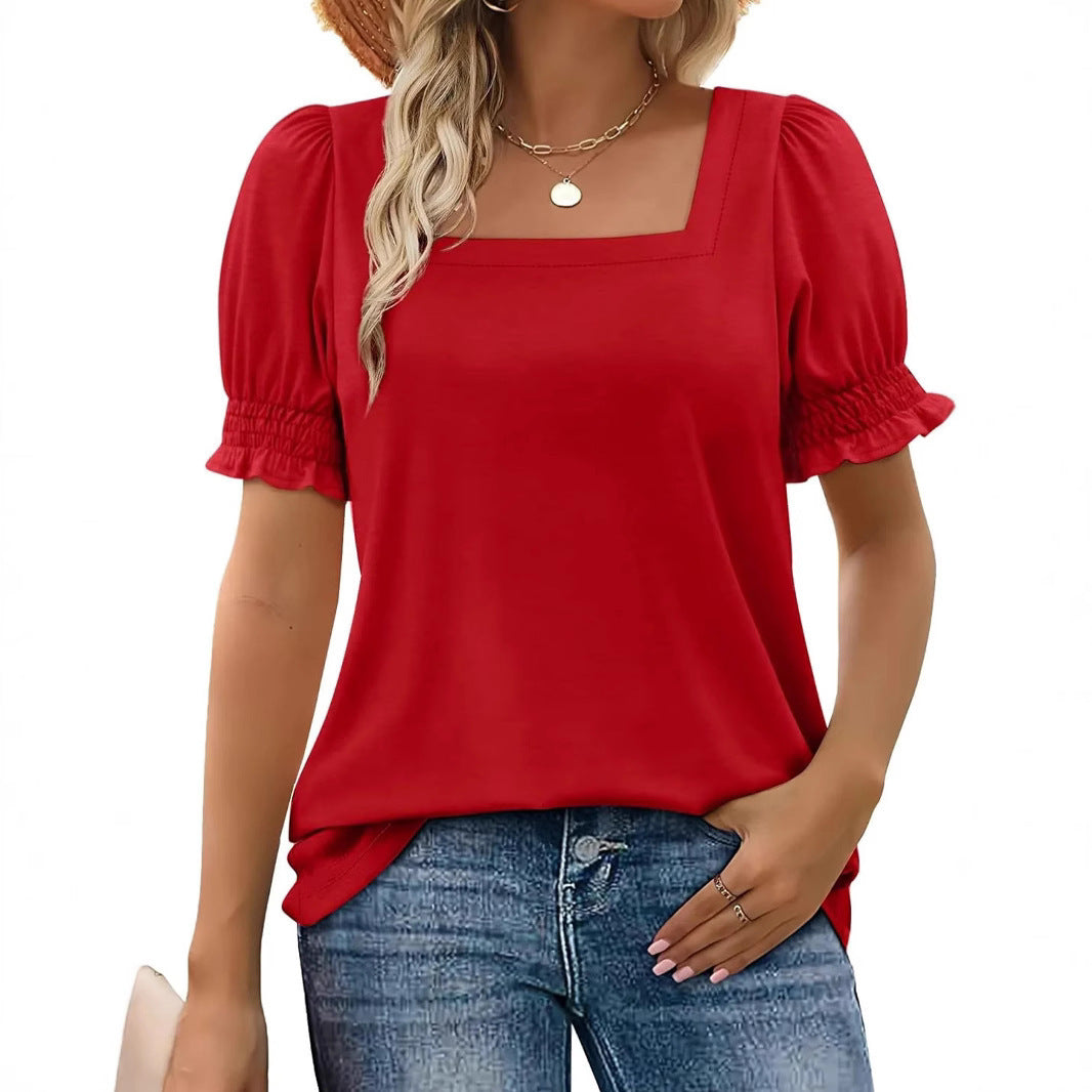 Spring And Summer New Fashion Simple U-neck Petal Sleeve Loose T-shirt - X2-Shopping