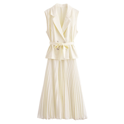 European And American Double Breasted With Belt Vest Pleated Skirt Dress