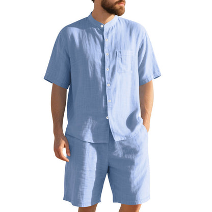 American Linen Suit Men's Summer Two-piece Suit Henry Collar Beach
