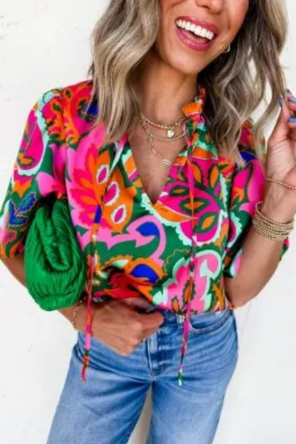 Rose Summer Plant Print Lace Up V Neck Short Sleeve Blouse