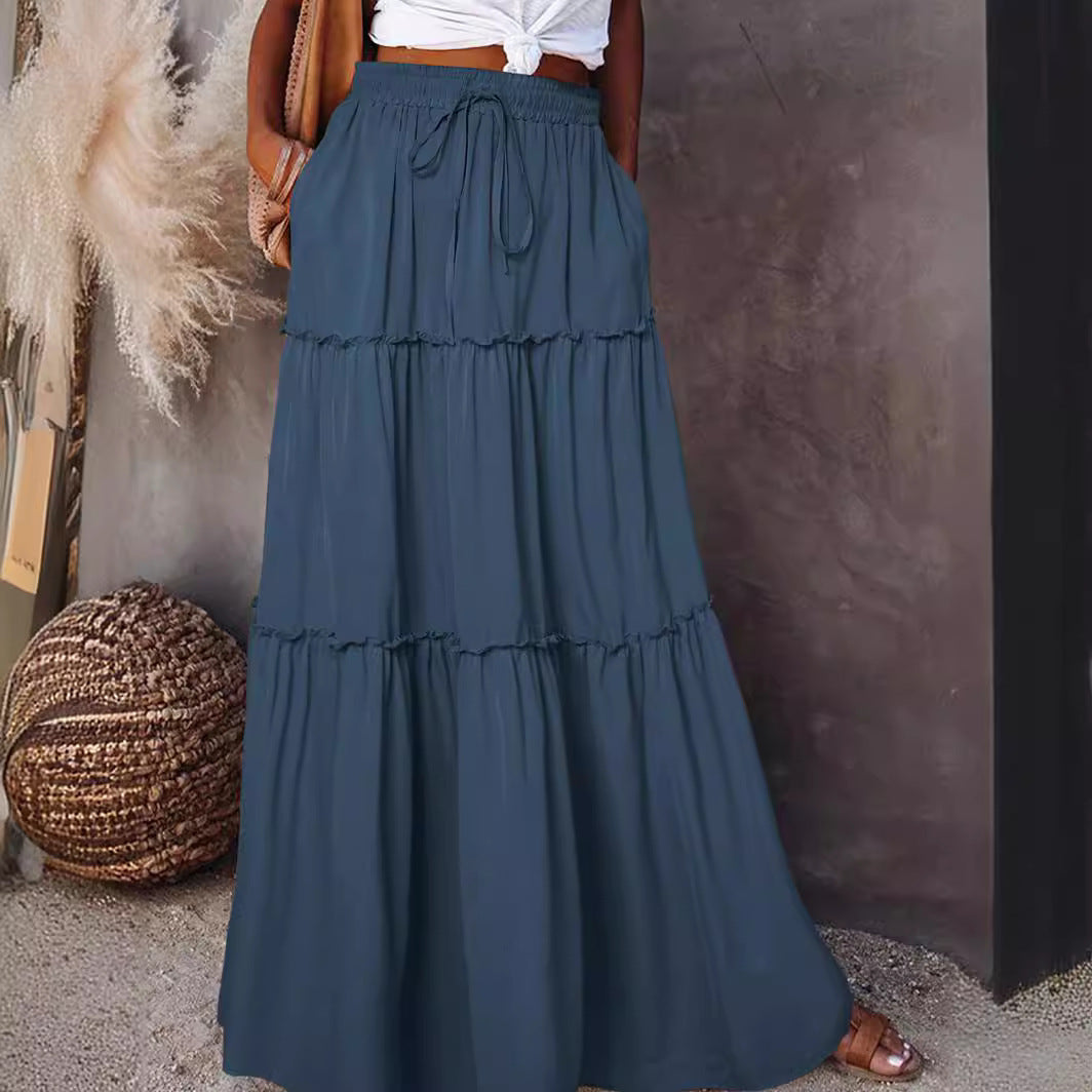 Women's Layered High Waist Elastic Lace-up Skirt With Wooden Ears - X2-Shopping