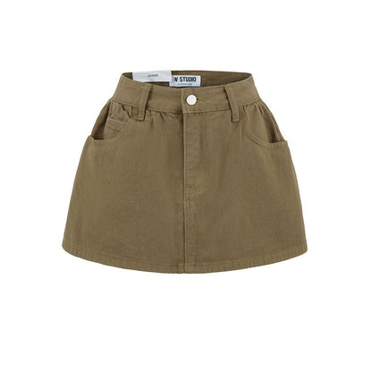 Retro Mid-low Waist Anti-exposure Denim A- Line Bubble Short Skirt