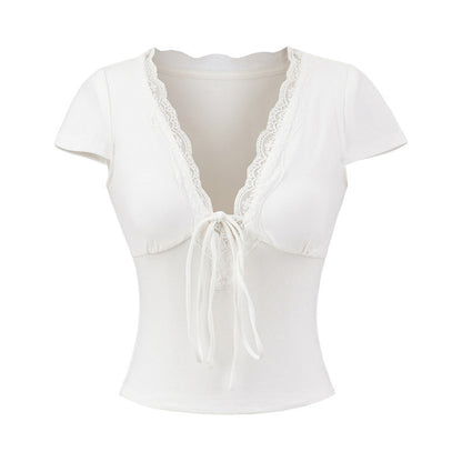 European And American Style Slim Chest Pad Lace V-neck Short Sleeve