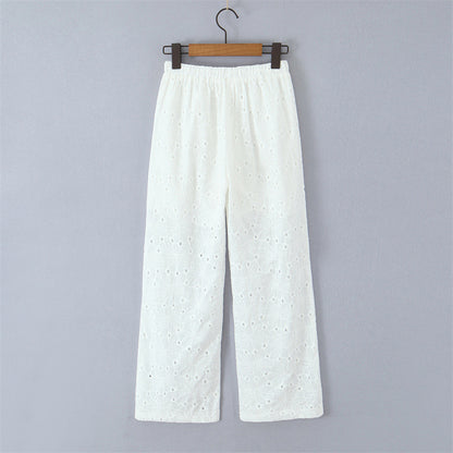 Hollow Embroidery Lace-up Straight-leg Pants
