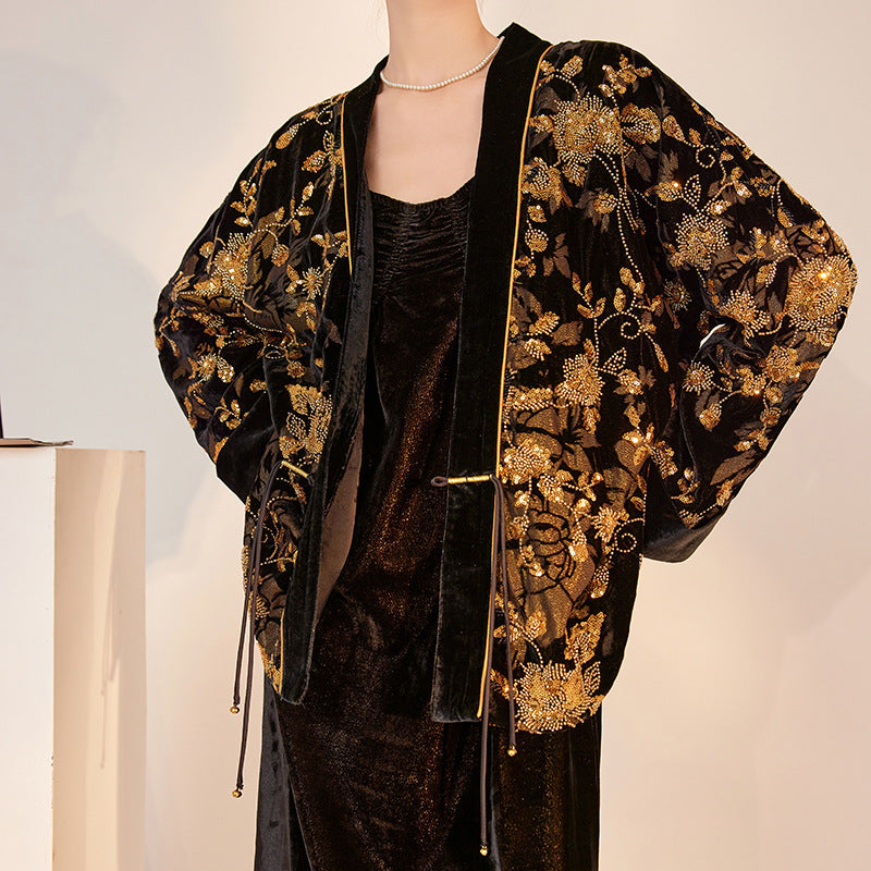 Heavy Industry Burnt Flower Embroidered Beads Cardigan National Style High Class Elegant V-neck Light Luxury Coat - X2-Shopping