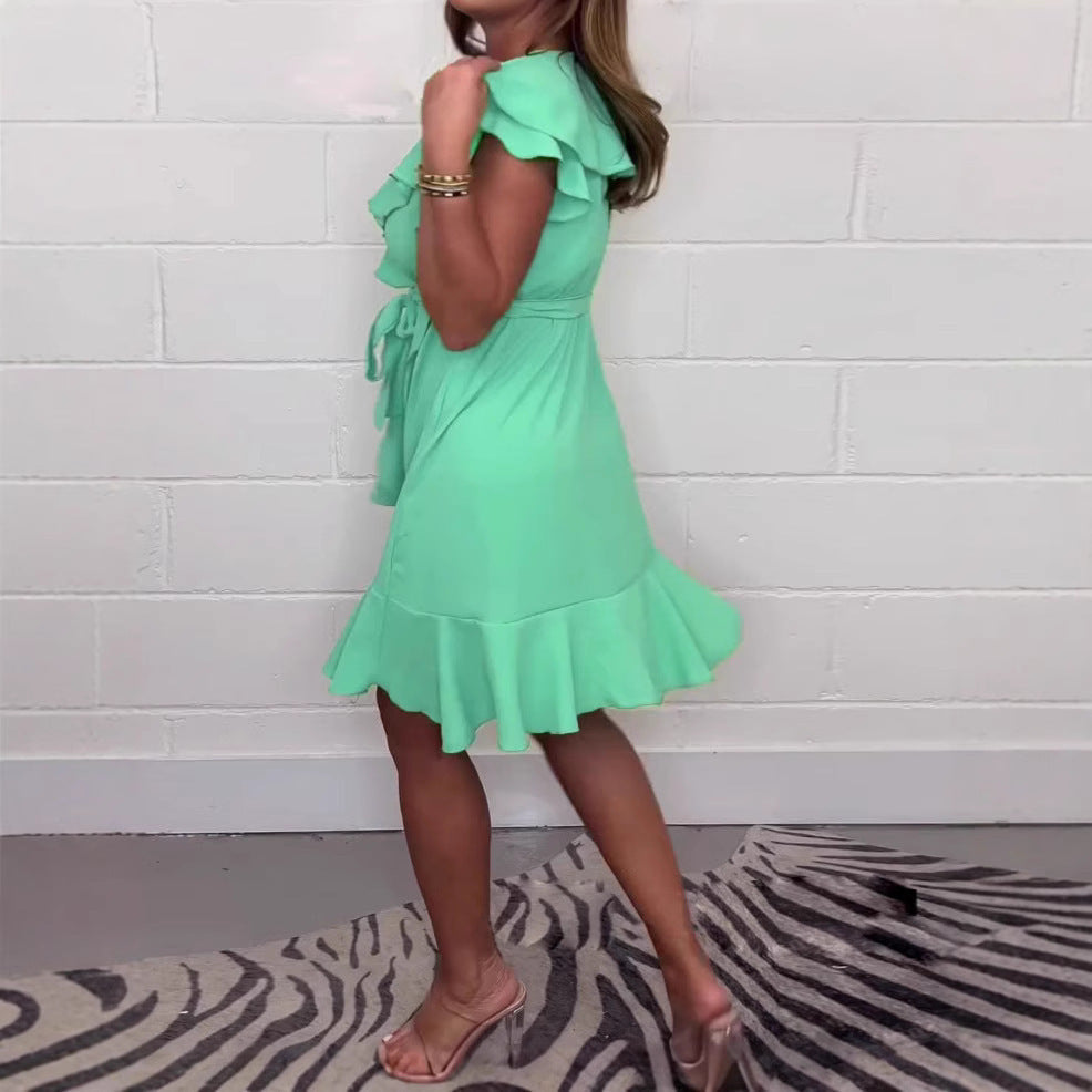 V-neck Waist-controlled Skirt Ruffled Solid Color Dress Women - X2-Shopping