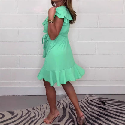 V-neck Waist-controlled Skirt Ruffled Solid Color Dress Women - X2-Shopping