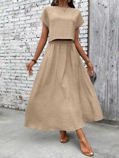 2 Piece Set Women's Solid Color Short Sleeve Top And Casual A- Line Dress Suit - X2-Shopping