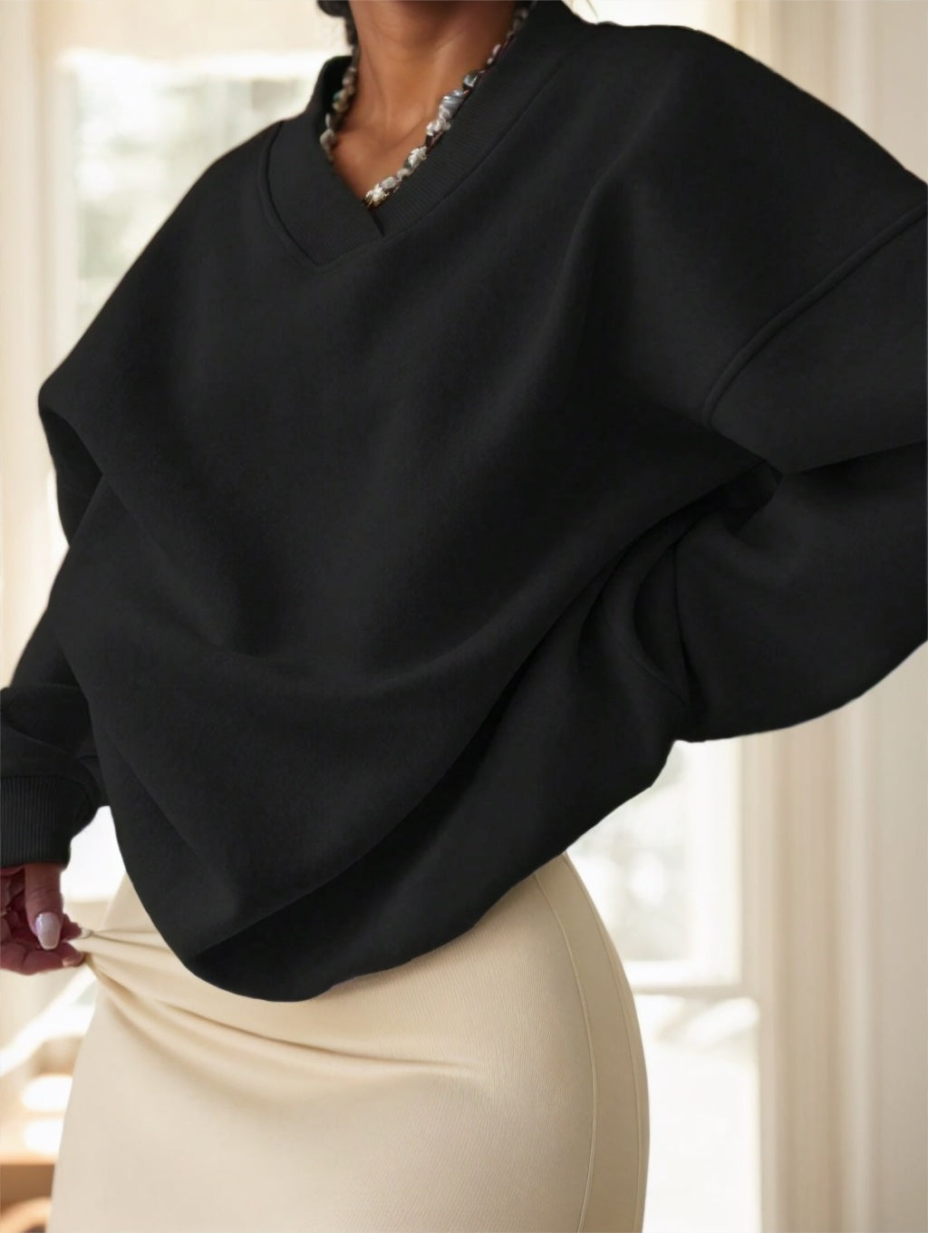 Women's Solid Color Oversized Drop Shoulder Sweatshirt - X2-Shopping