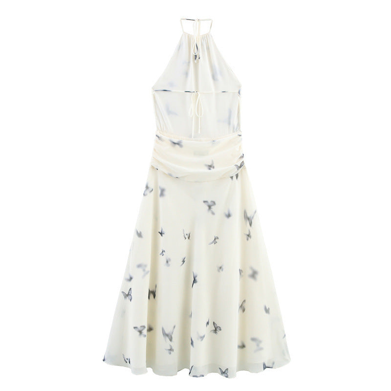 Backless Animal Print Hanging Collar Long Dress