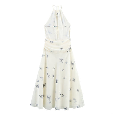 Backless Animal Print Hanging Collar Long Dress