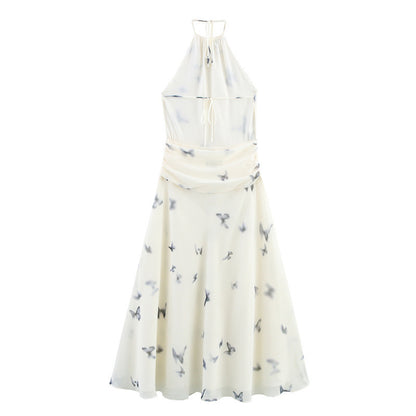 Backless Animal Print Hanging Collar Long Dress