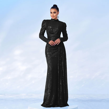 Long Sleeve Round Neck Sexy Slim Long Sequined Banquet Dress - X2-Shopping