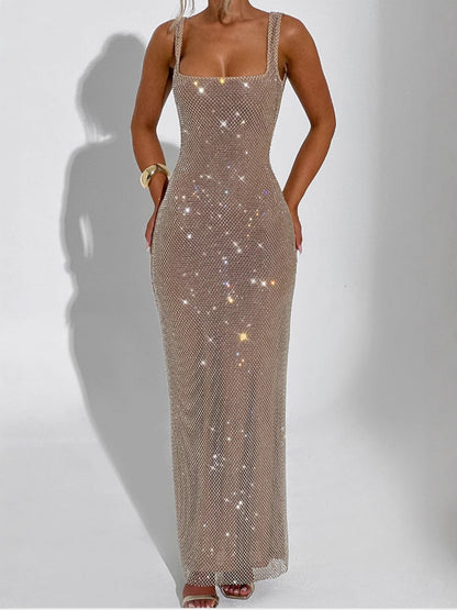 Sexy Double-shoulder Strap Sequins Net Drill Suspenders Dress - X2-Shopping