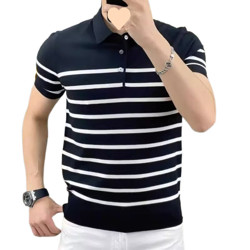 Lightly Mature Personality Striped Lapel Knitted T-shirt