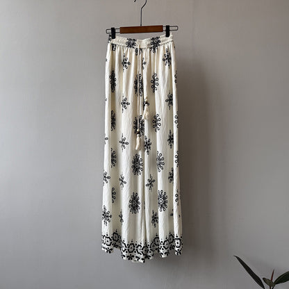 Women's Vintage Printed Drawstring Wide-leg Pants