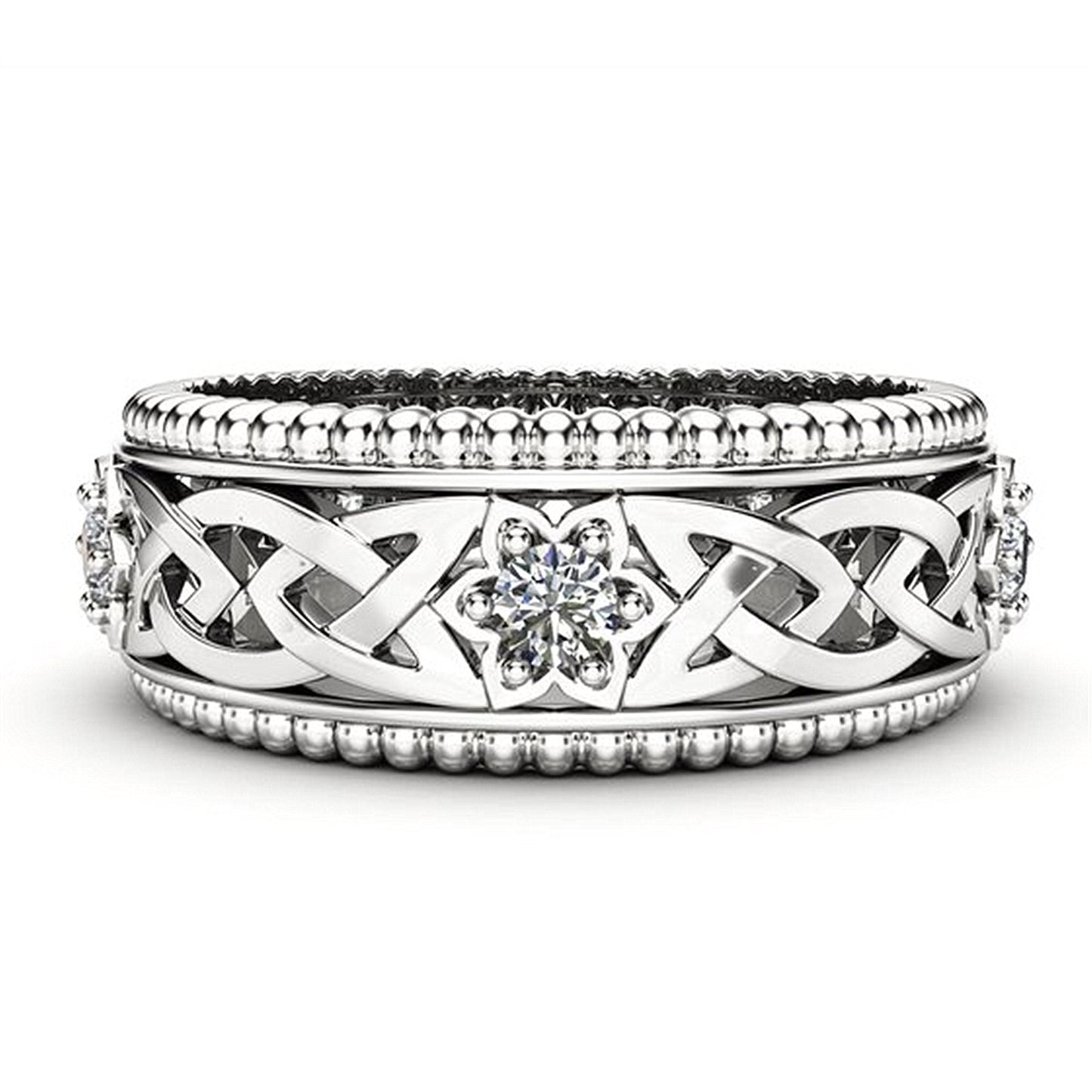 14 Karat vergoldeter weißer Diamantring mit hohlem Muster, Ehering