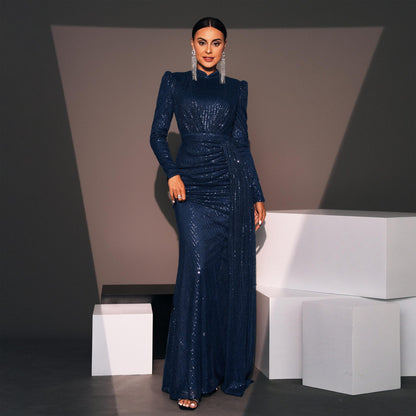 Long Sleeve Round Neck Sexy Slim Long Sequined Banquet Dress - X2-Shopping