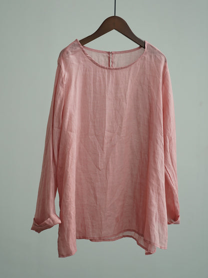Original Simplicity Round Neck Pullover Clear Ramie Mid-length Shirt