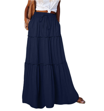Women's Layered High Waist Elastic Lace-up Skirt With Wooden Ears - X2-Shopping