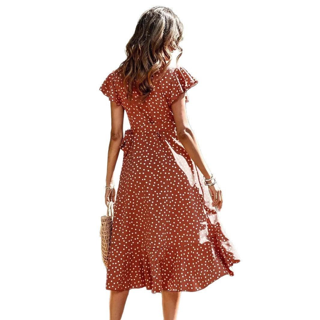 V-neck Printing Short Sleeve Skirt Tied Lotus Leaf Dress