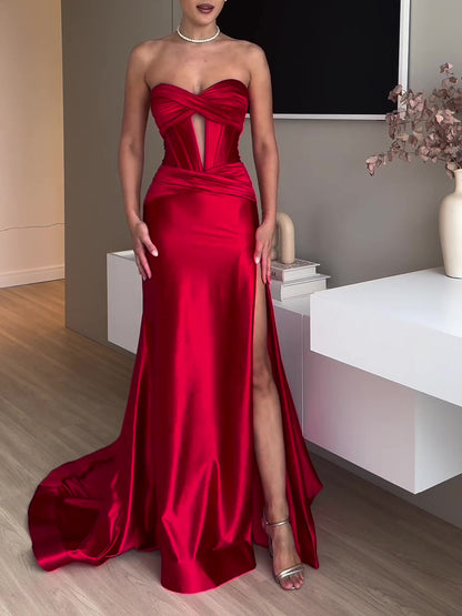 Tube Top Slit Red Extra Long Evening Dress - X2-Shopping