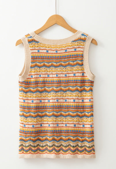 Brown Stripe Eyelet Crochet Round Neck Sweater Vest