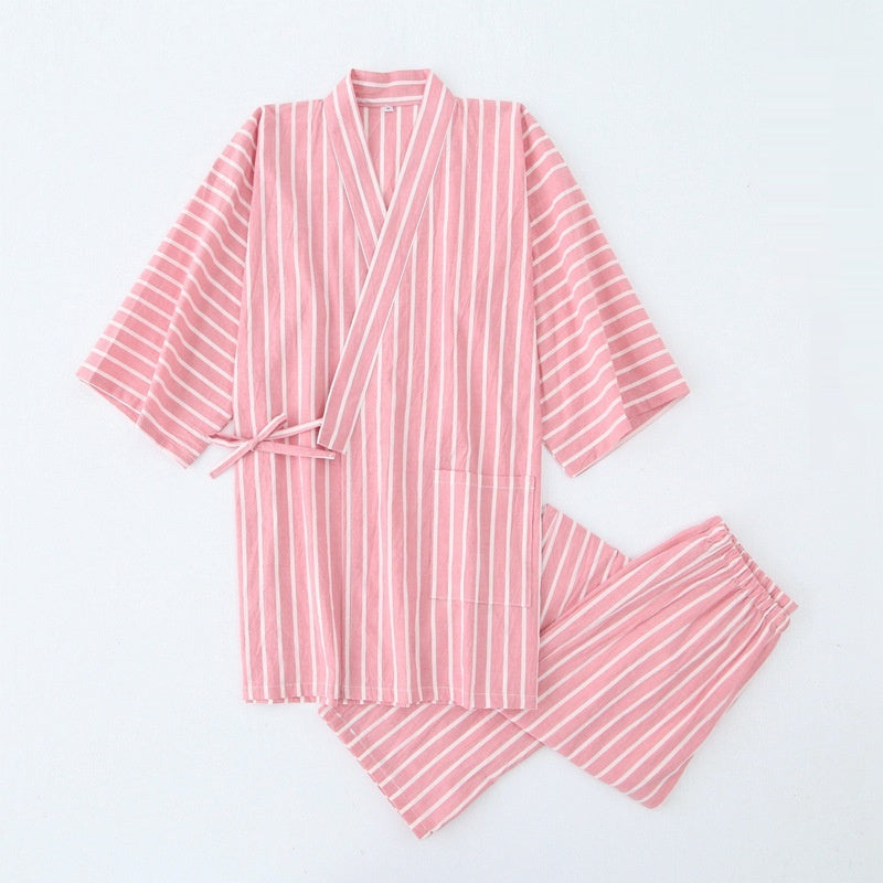 Gewaschener Pyjama-Anzug aus Baumwolle, dünn gestreift, japanischer Kimono-Hose für Herren und Damen, Homewear-Anzug
