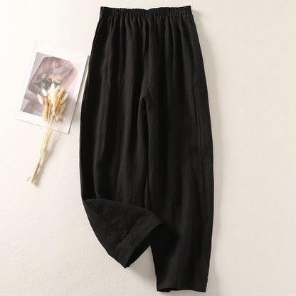 Cotton And Linen Casual Elastic Waist Loose Cropped Pants