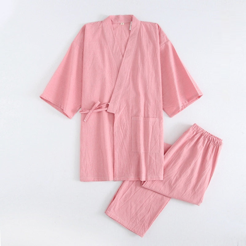 Gewaschener Pyjama-Anzug aus Baumwolle, dünn gestreift, japanischer Kimono-Hose für Herren und Damen, Homewear-Anzug