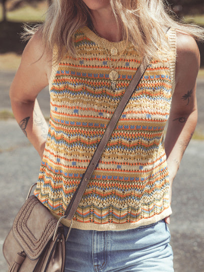 Brown Stripe Eyelet Crochet Round Neck Sweater Vest