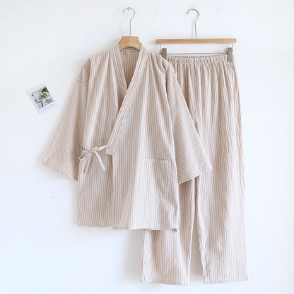 Gewaschener Pyjama-Anzug aus Baumwolle, dünn gestreift, japanischer Kimono-Hose für Herren und Damen, Homewear-Anzug