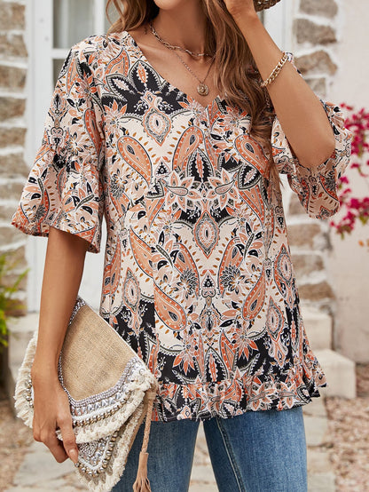 V-neck Printed T-shirt Casual Bell Sleeve Top - X2-Shopping