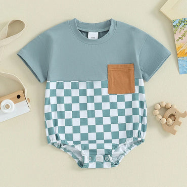 Baby Summer Jumpsuit Waffle Patchwork Pocket Short Sleeve