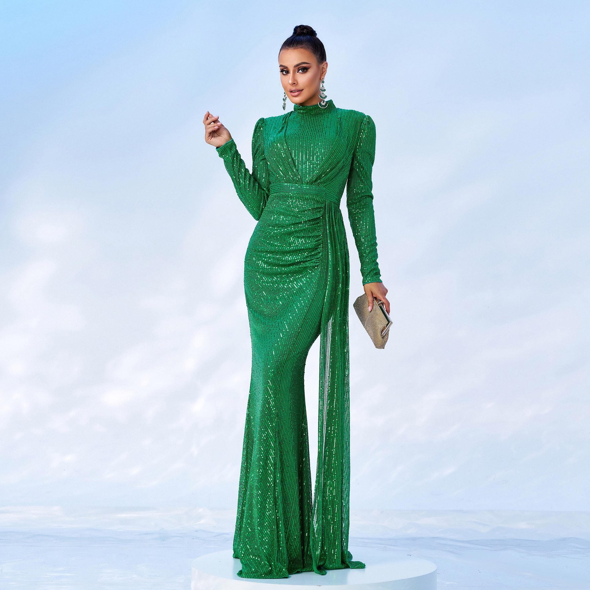 Long Sleeve Round Neck Sexy Slim Long Sequined Banquet Dress - X2-Shopping