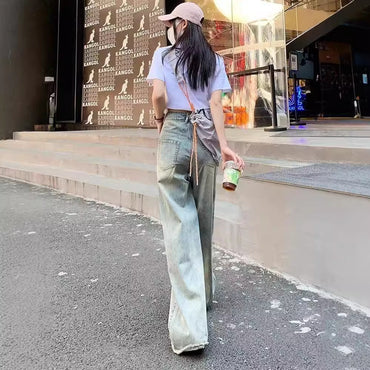 Retro Cement Yellow Straight Wide-leg Jeans For Women Spring And Summer New Loose Slim High Waist Drape Long Pants