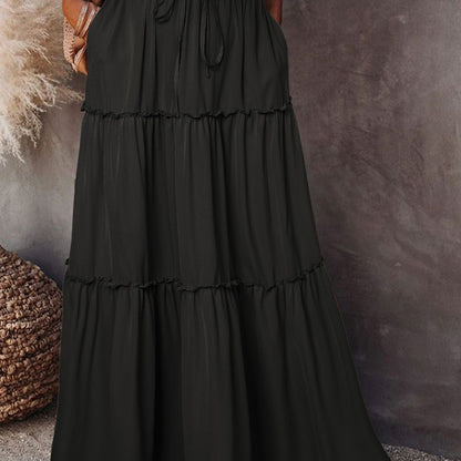 Women's Layered High Waist Elastic Lace-up Skirt With Wooden Ears - X2-Shopping