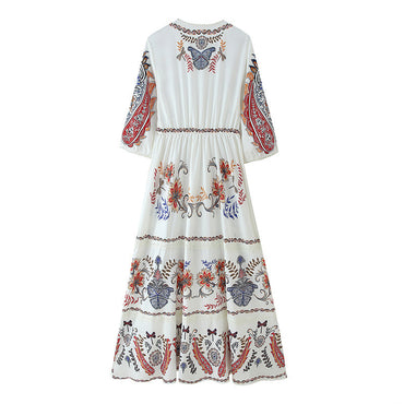 Positioning Printing Stitching Lace V-neck Dress