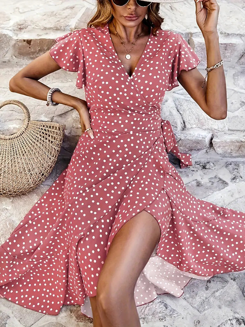 V-neck Printing Short Sleeve Skirt Tied Lotus Leaf Dress