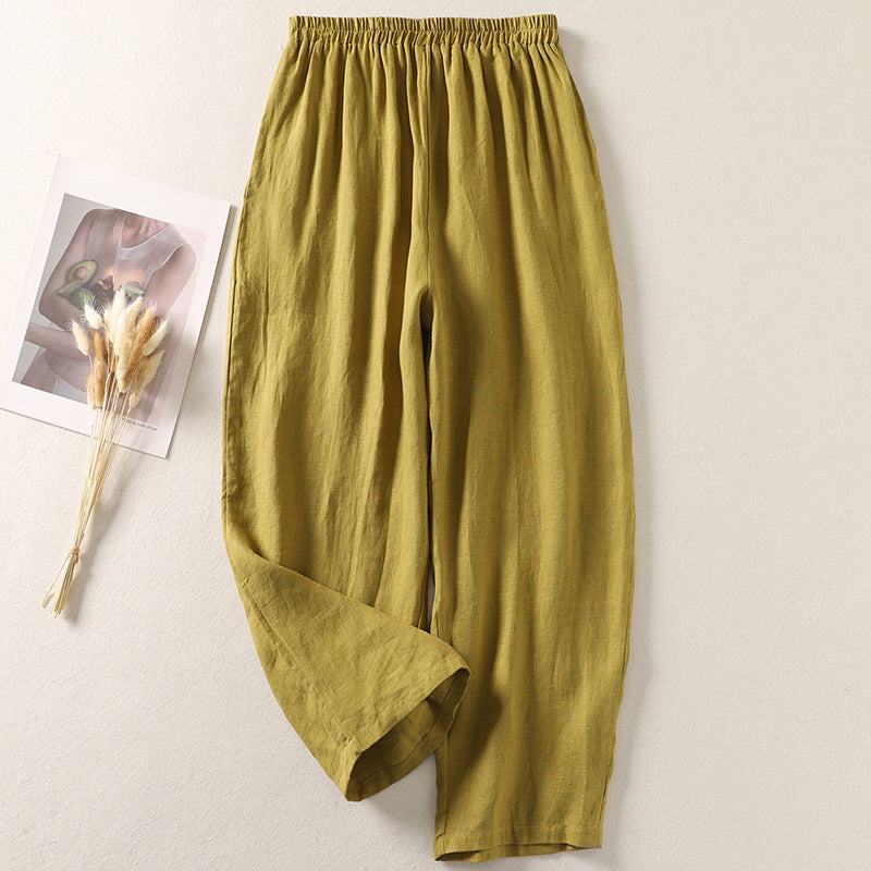 Cotton And Linen Casual Elastic Waist Loose Cropped Pants