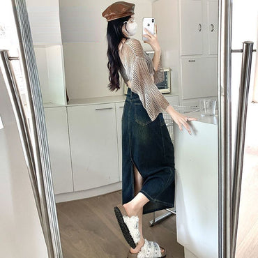 Three-quarter Petite Retro Denim Skirt For Women, Trendy And Versatile, New Style, High-waisted, Hip Skirt